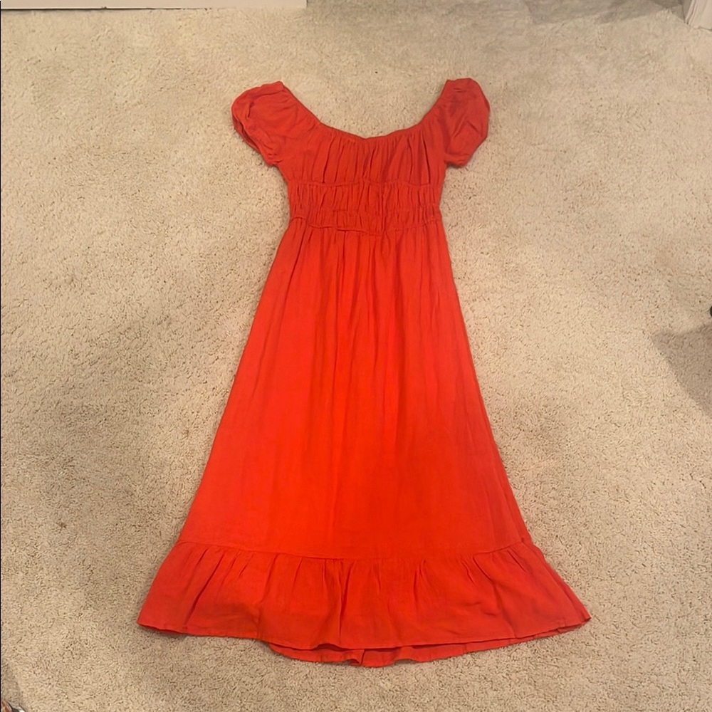 Orange Puff-Sleeve Midi Dress